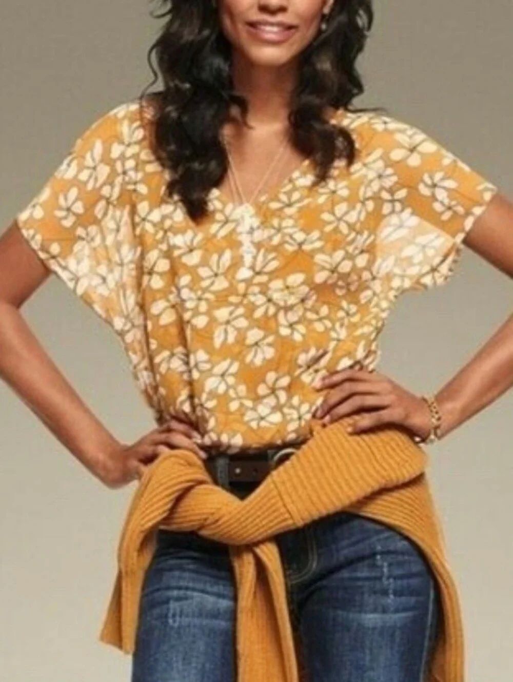 Cabi Thrive Chiffon Butterscotch Floral V-Neck Top - Butterscotch